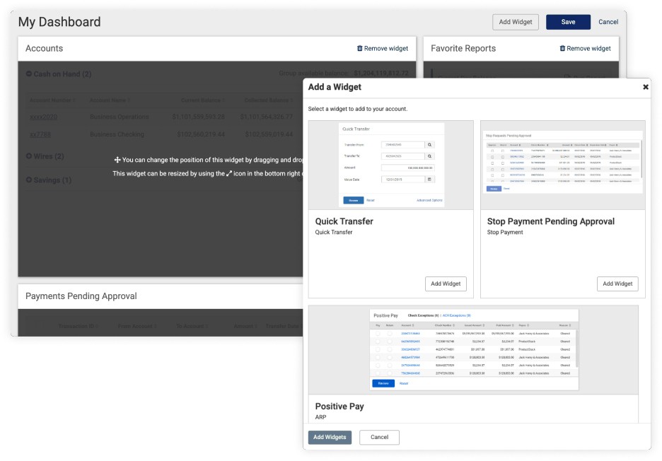 treasury management dashboard personalization