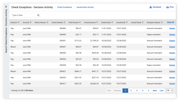 treasury management fraud mitigation screen