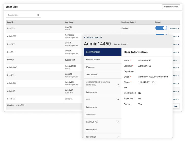 treasury management user access screen